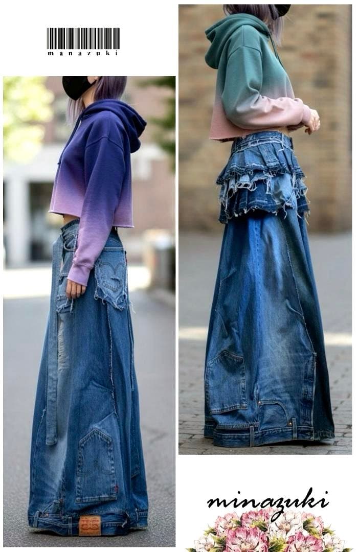 年末セール！デニムリメイク☆フレアパンツxプリーツ巻きスカート☆セットアップ