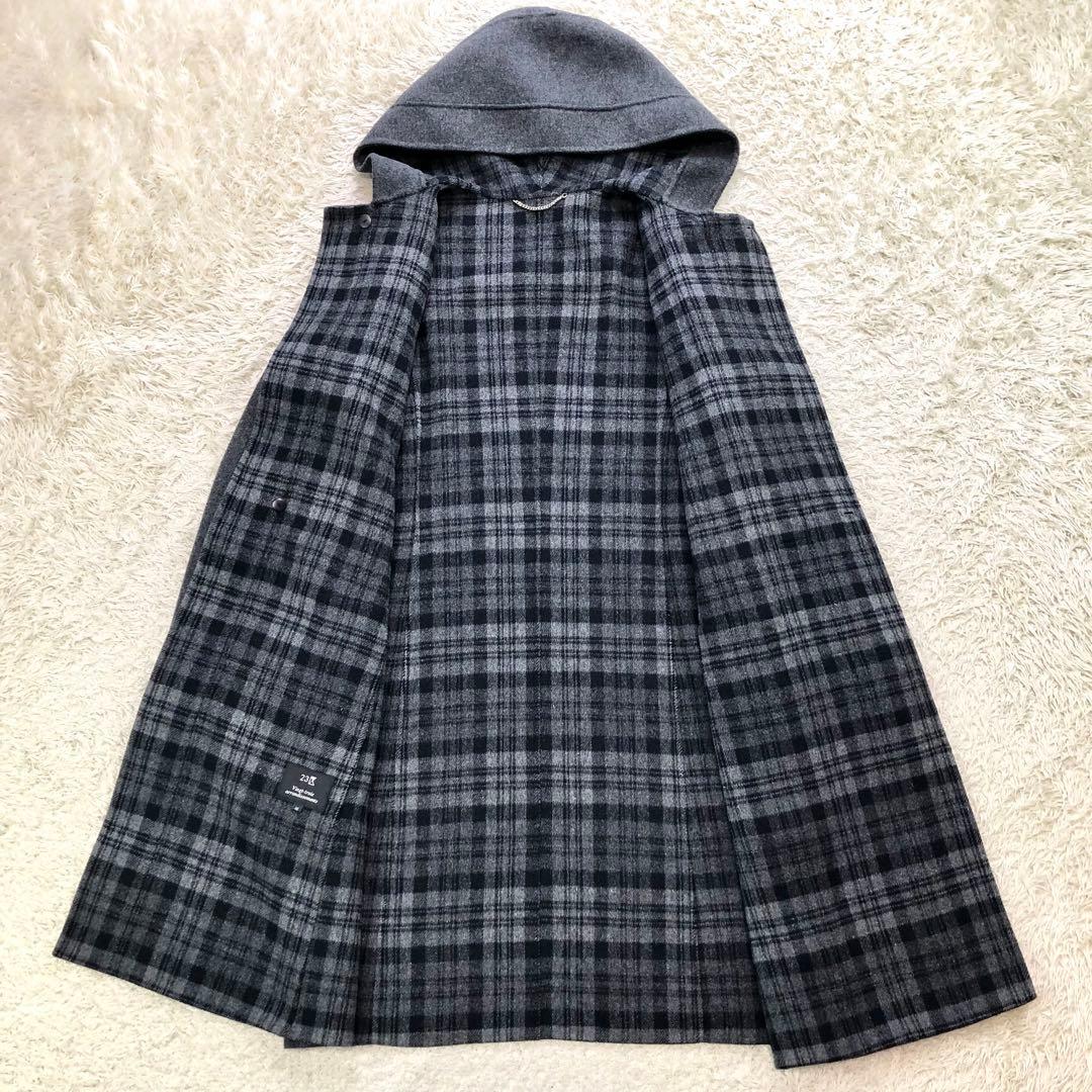 23区 ダッフルコート ウール混 裏地チェック ロング フード 40 L グレー