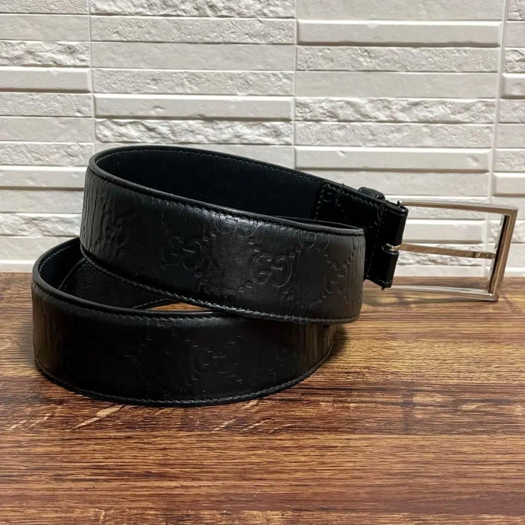 グッチ GG バックル ベルト シマ レザー 黒 シルバー グッチシマ.