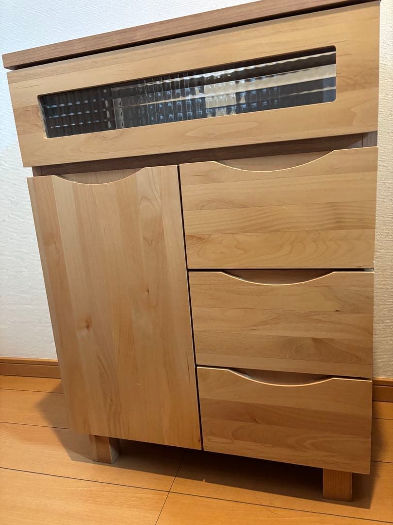 木製チェスト 3段 スライドドア ガラス窓付き