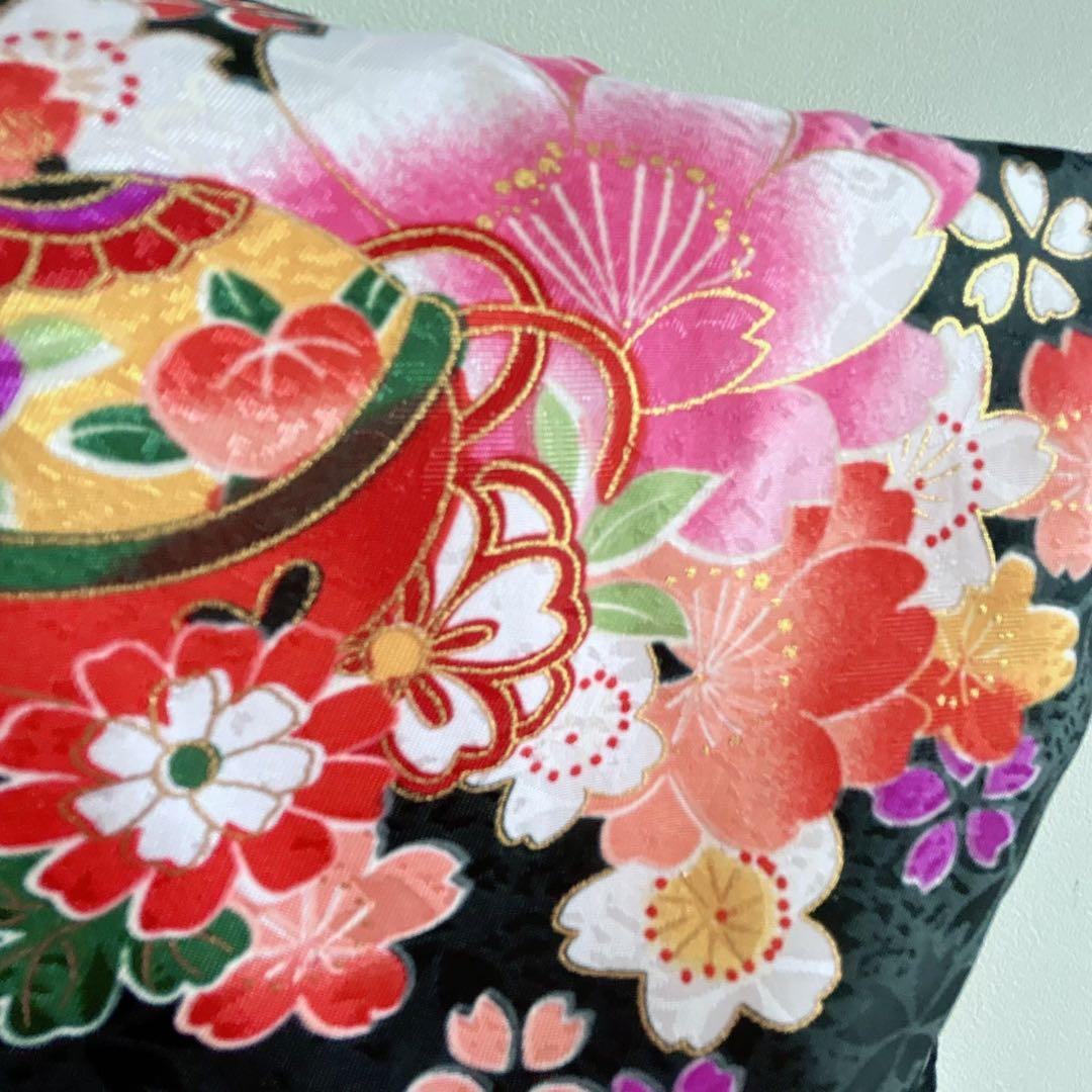 セット　七五三　３歳女の子　長着＆被布＆長襦袢＆小物　黒地　桜　地紋　うさぎ