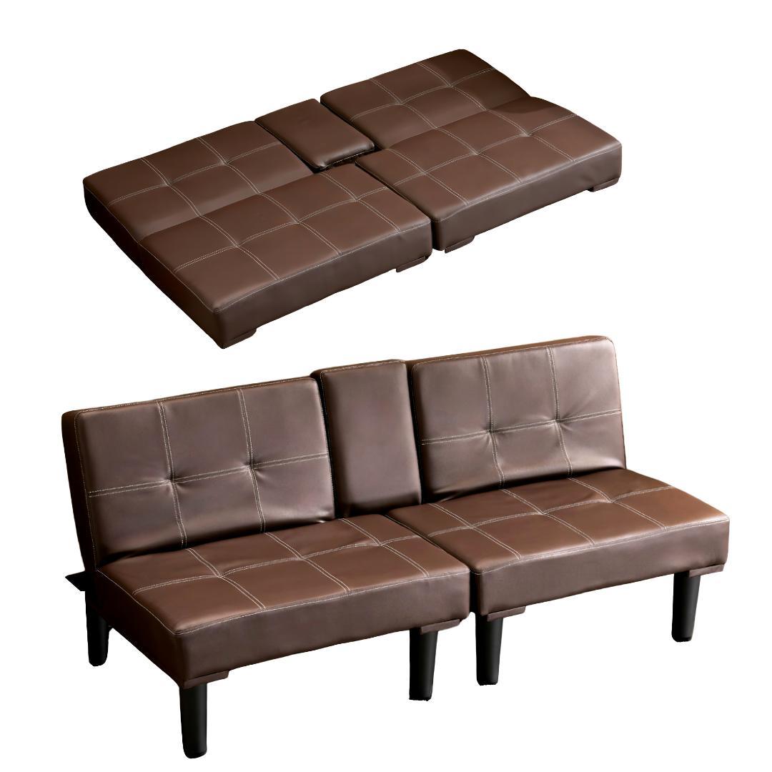 ソファベッド ソファ ベッド カップホルダー付き2人PU背もたれ3段階 ブラウン
