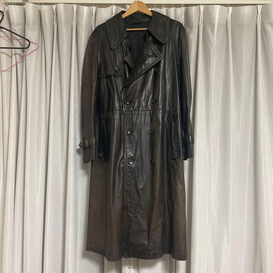 ヴィンテージ 本革 フェードレザー トレンチコート ブラック 膝下丈