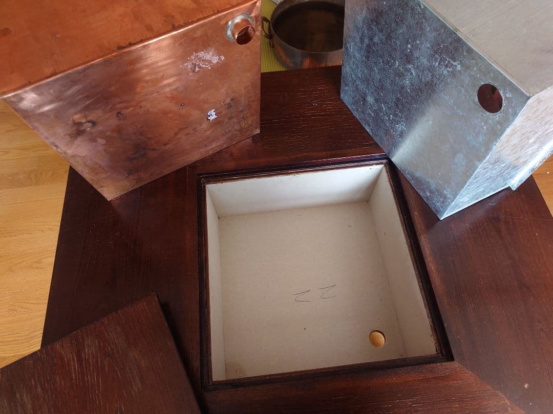 九州民芸家具　火鉢炉付卓子回転台付　ダイニングテーブル　銅製火床　囲炉裏テーブル