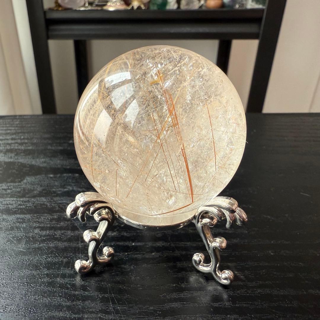 天然石ルチルクォーツのスフィア　丸玉　置物NO.011406