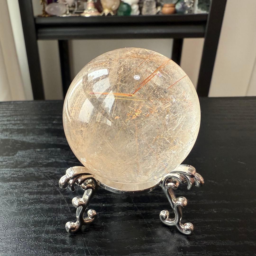 天然石ルチルクォーツのスフィア　丸玉　置物NO.011406