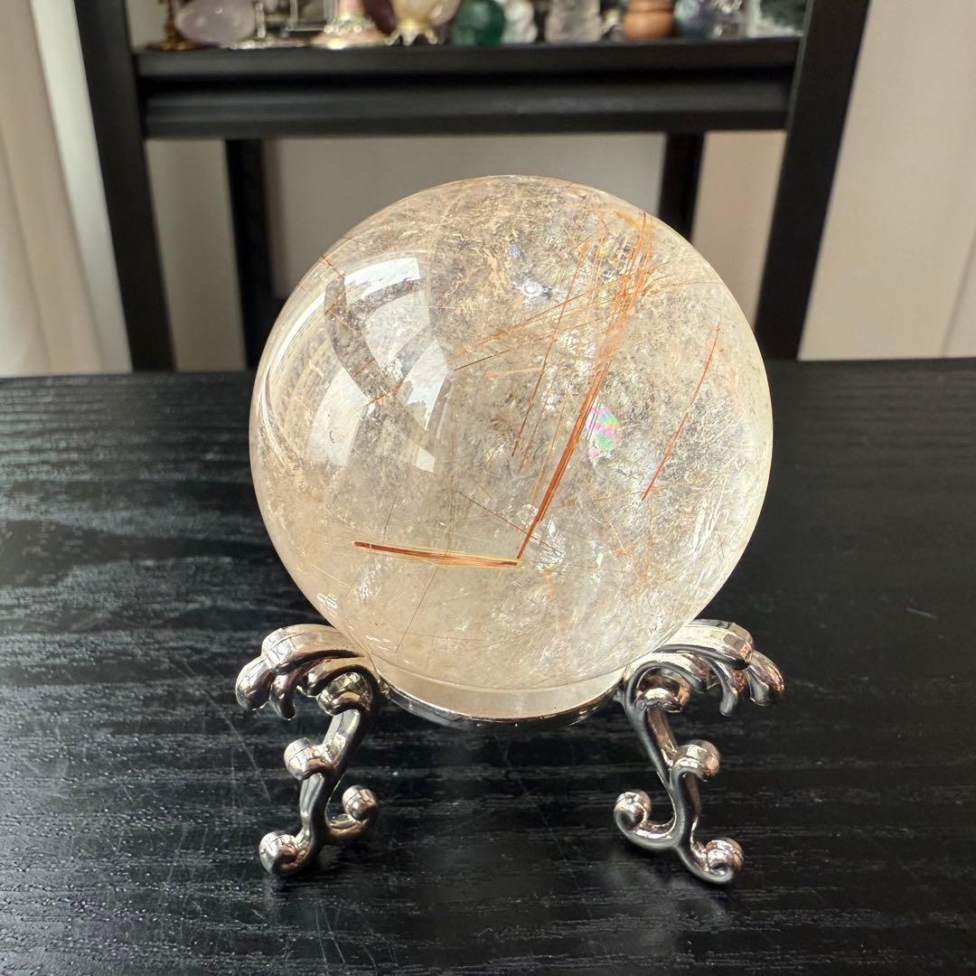 天然石ルチルクォーツのスフィア　丸玉　置物NO.011406
