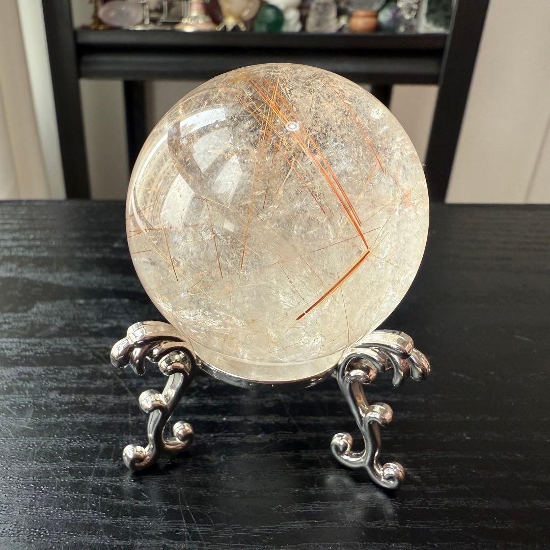 天然石ルチルクォーツのスフィア　丸玉　置物NO.011406