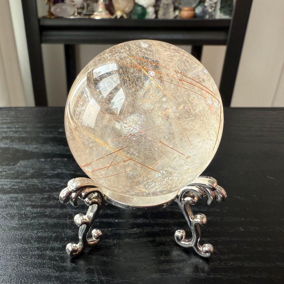 天然石ルチルクォーツのスフィア　丸玉　置物NO.011406