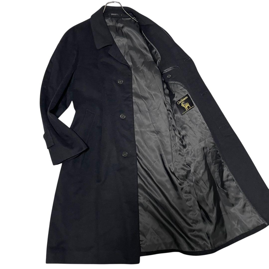カシミヤ50%【vintage】マキシ丈比翼チェスターコート 日本製 ブラックM