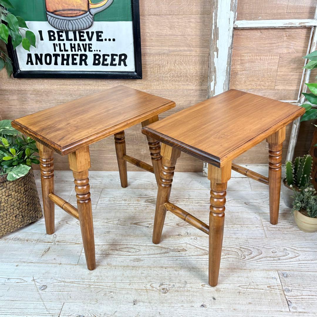 北欧カントリー調パイン材無垢角スツール2脚セット木製椅子花台チェア天然木松材