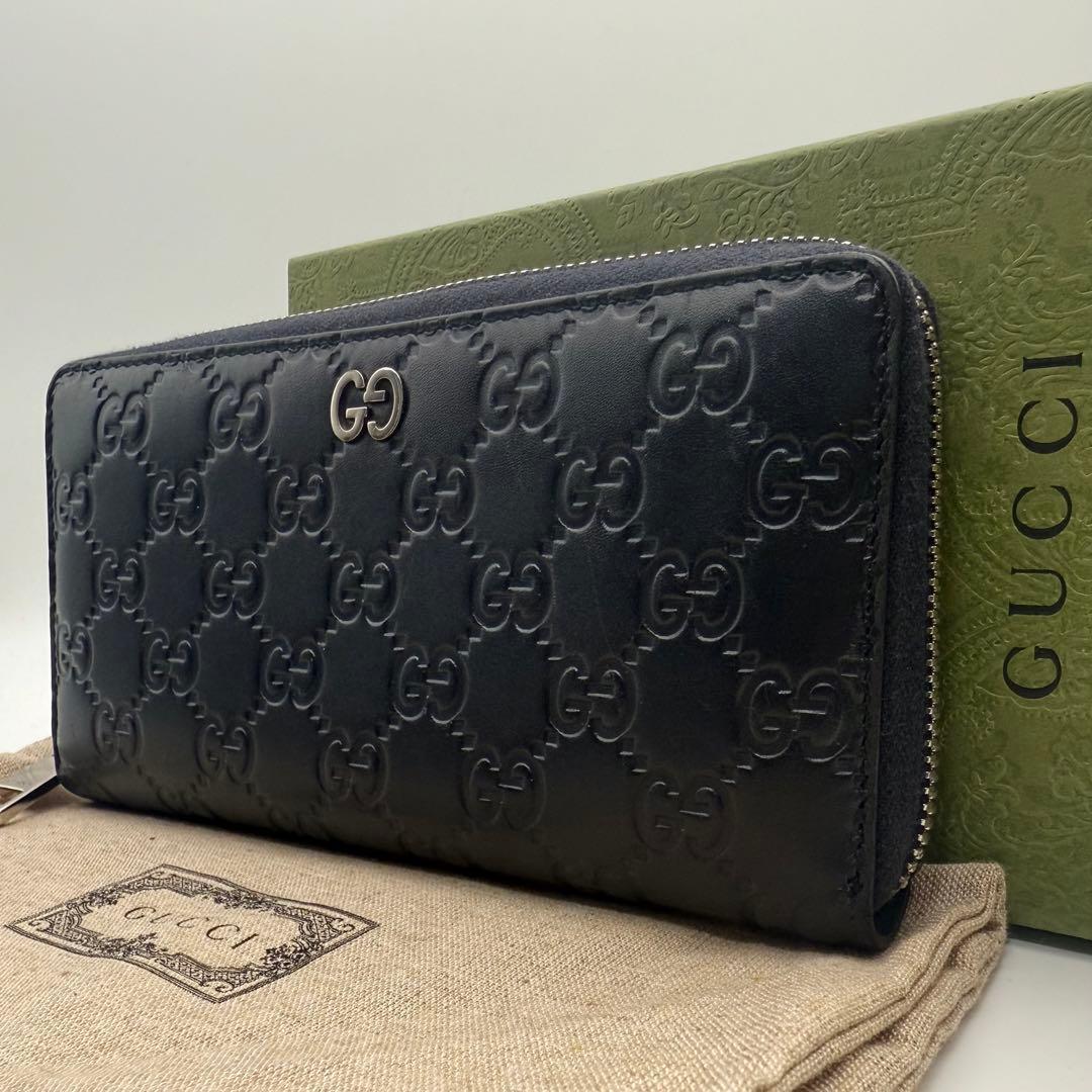 美品✨グッチ 長財布 シマ GG ドリアン インターロッキング レザー ネイビー