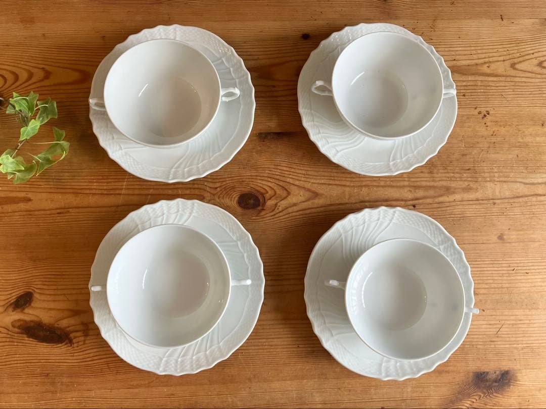 ジノリ　ベッキオホワイト　ダブルハンドルスープカップアンドソーサー×4