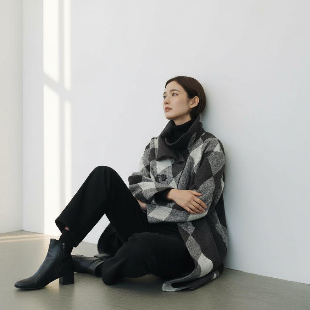 慈雨 ジウ センソユニコ コート チェック 総柄 変形 ウール サイズ40 L