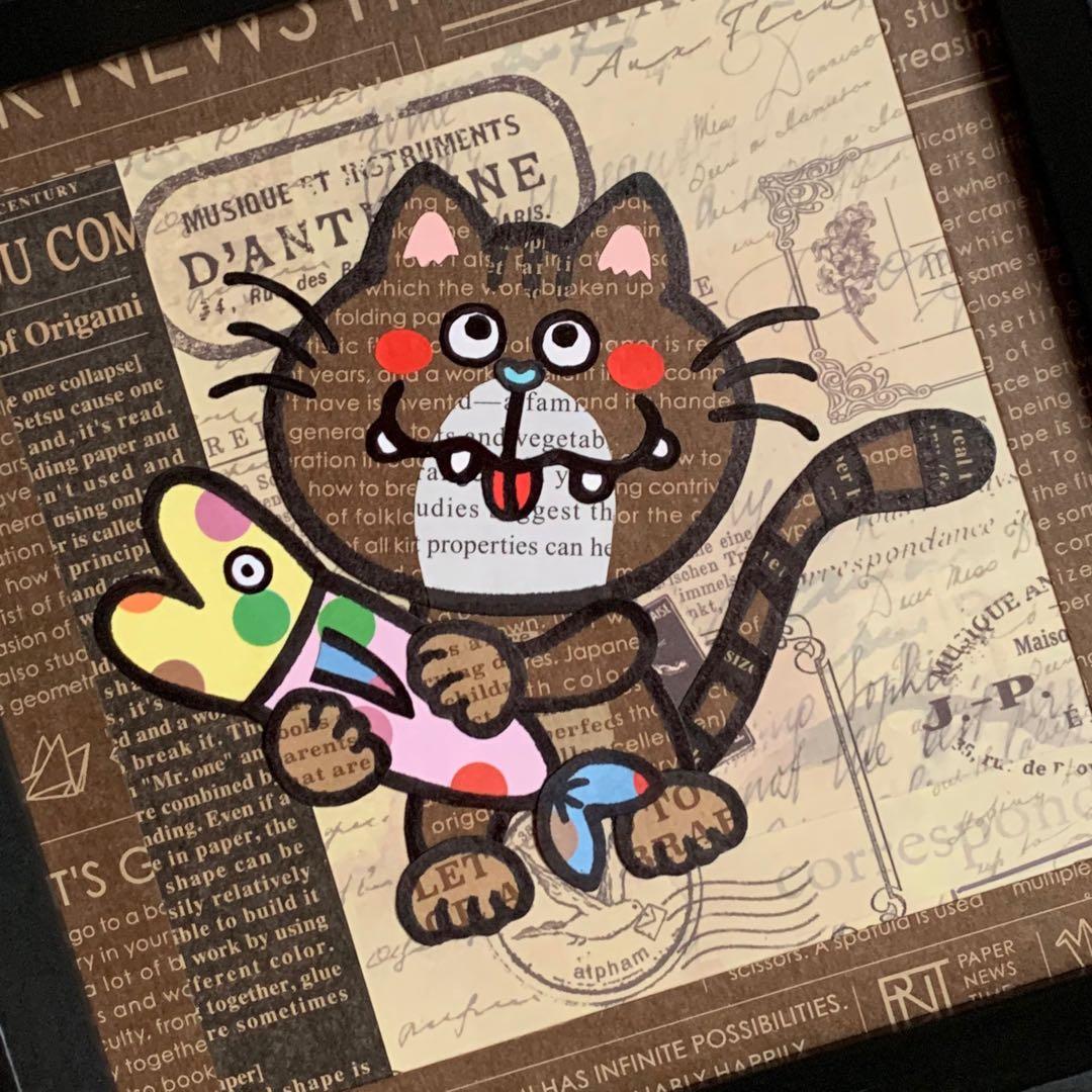 【原画作品】★貼り絵★お魚大好き猫ちゃん