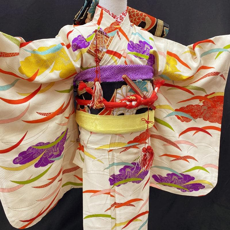 410ag55,小物類◎七五三 七歳 女児 着物&丸帯 セミアンティーク 総柄