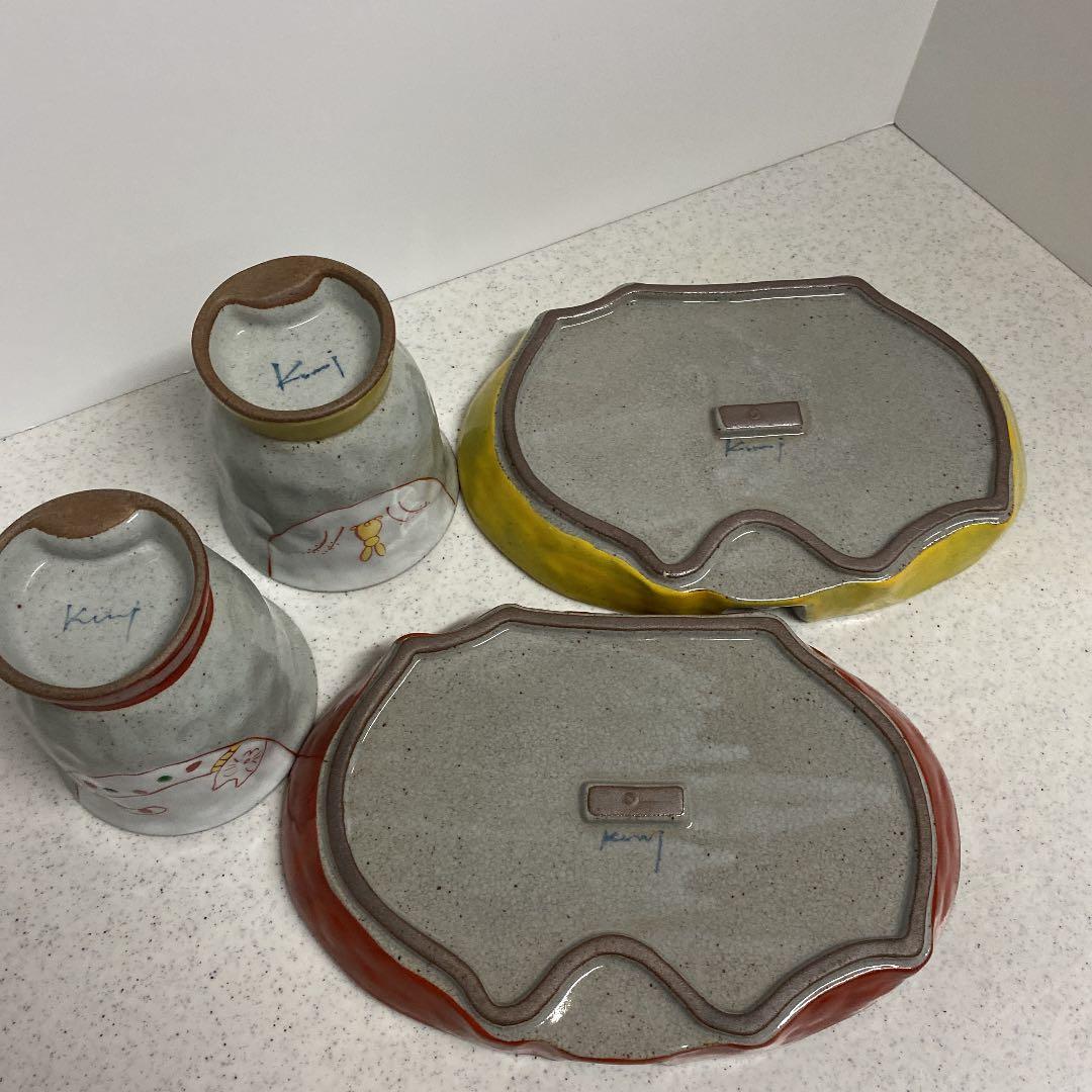 有田焼波佐見焼　国右ェ門窯　ウサギ　ネコ　フクロウ湯呑み　皿　各3個セット