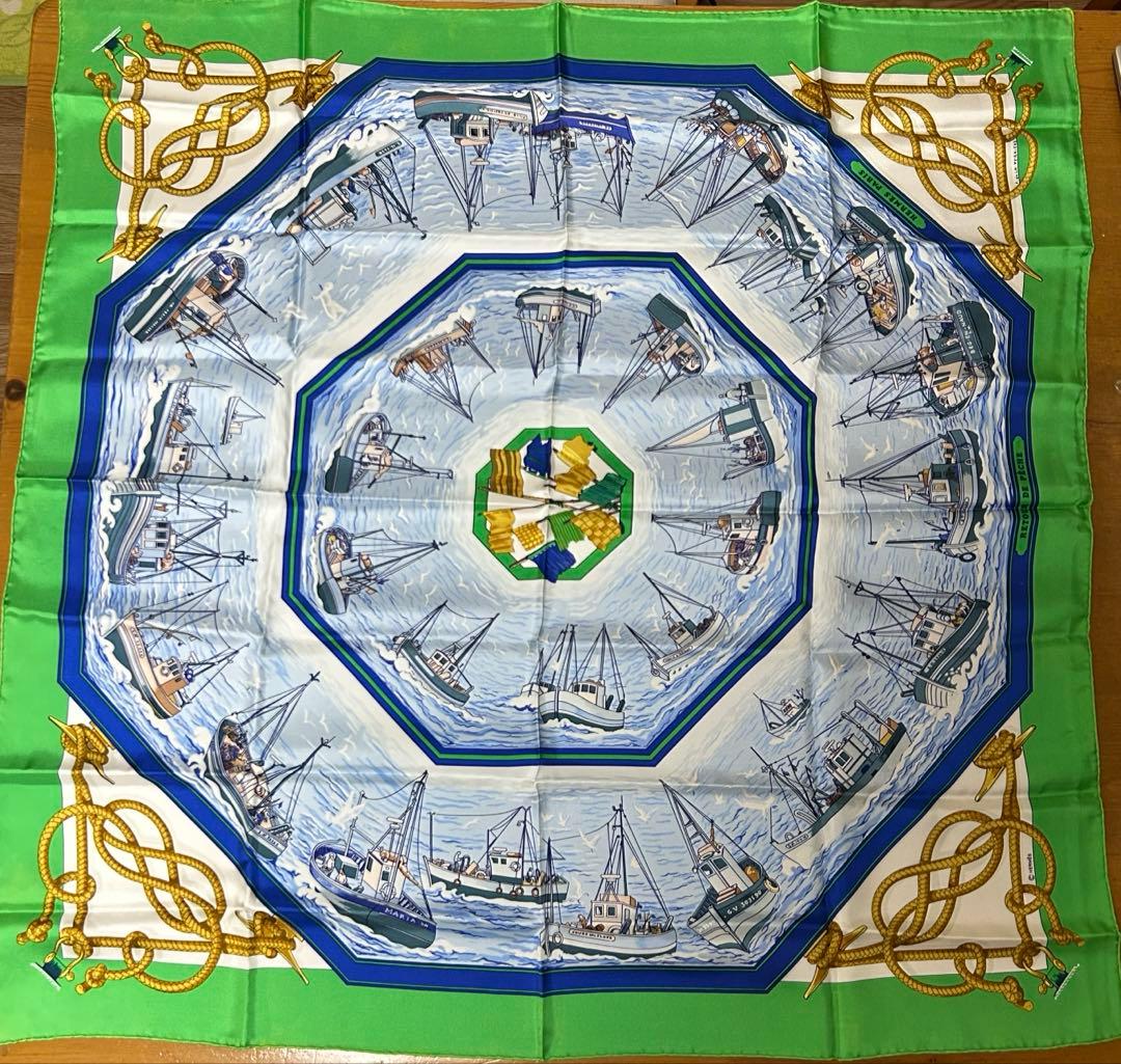 HERMES エルメス スカーフ カレ 90 漁船の帰港 グリーン ブルー 大判