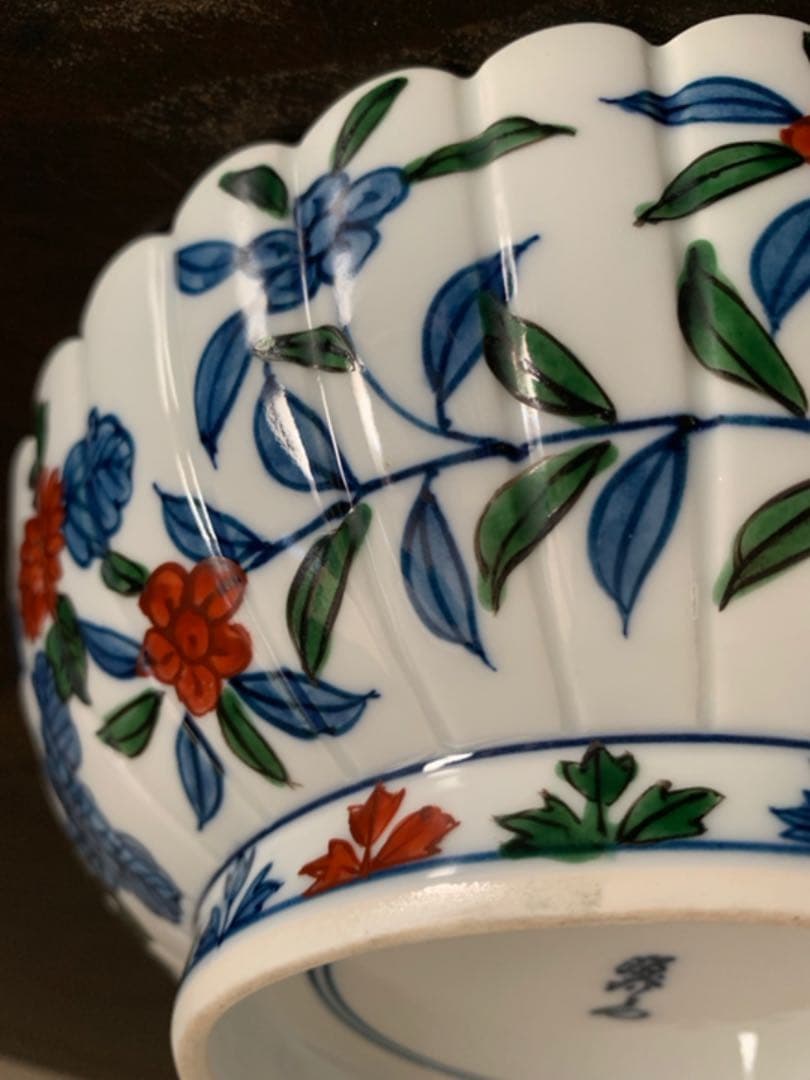 是米木窯 萬暦風花鳥図 源右衛門 手造り 菊 菓子鉢