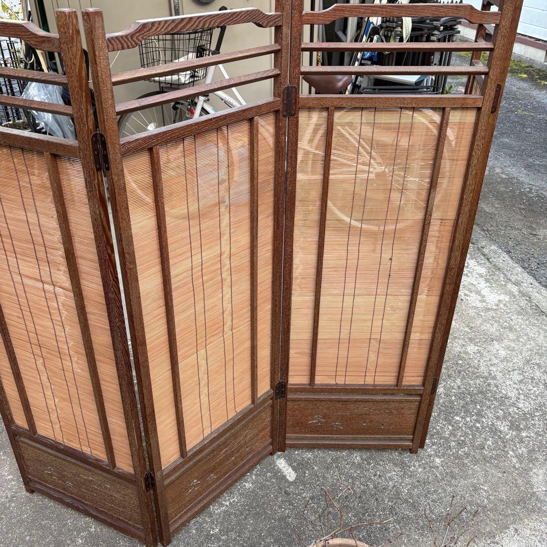 良品　和風 衝立 間仕切り 4連屏風 天然木 透かし彫り 簾屏風 折りたたみ