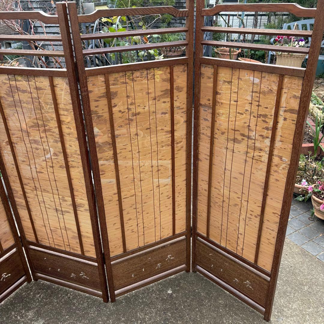 良品　和風 衝立 間仕切り 4連屏風 天然木 透かし彫り 簾屏風 折りたたみ