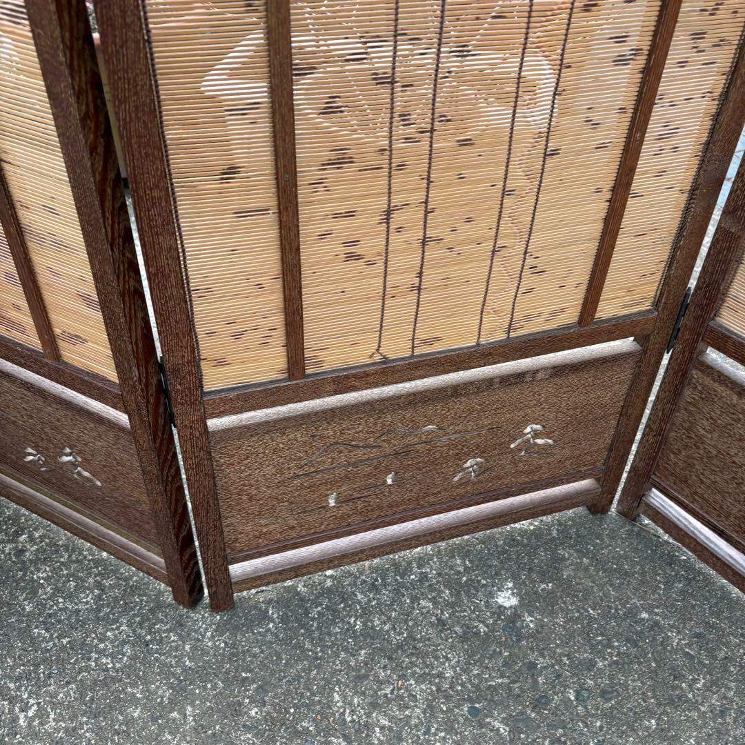 良品　和風 衝立 間仕切り 4連屏風 天然木 透かし彫り 簾屏風 折りたたみ