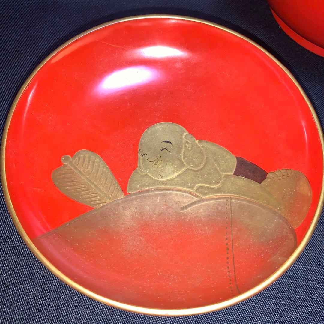 蓋向　木製手描き金彩絵　布袋様・打ち出の小槌　盛金蒔絵　向付け　煮物椀　5客