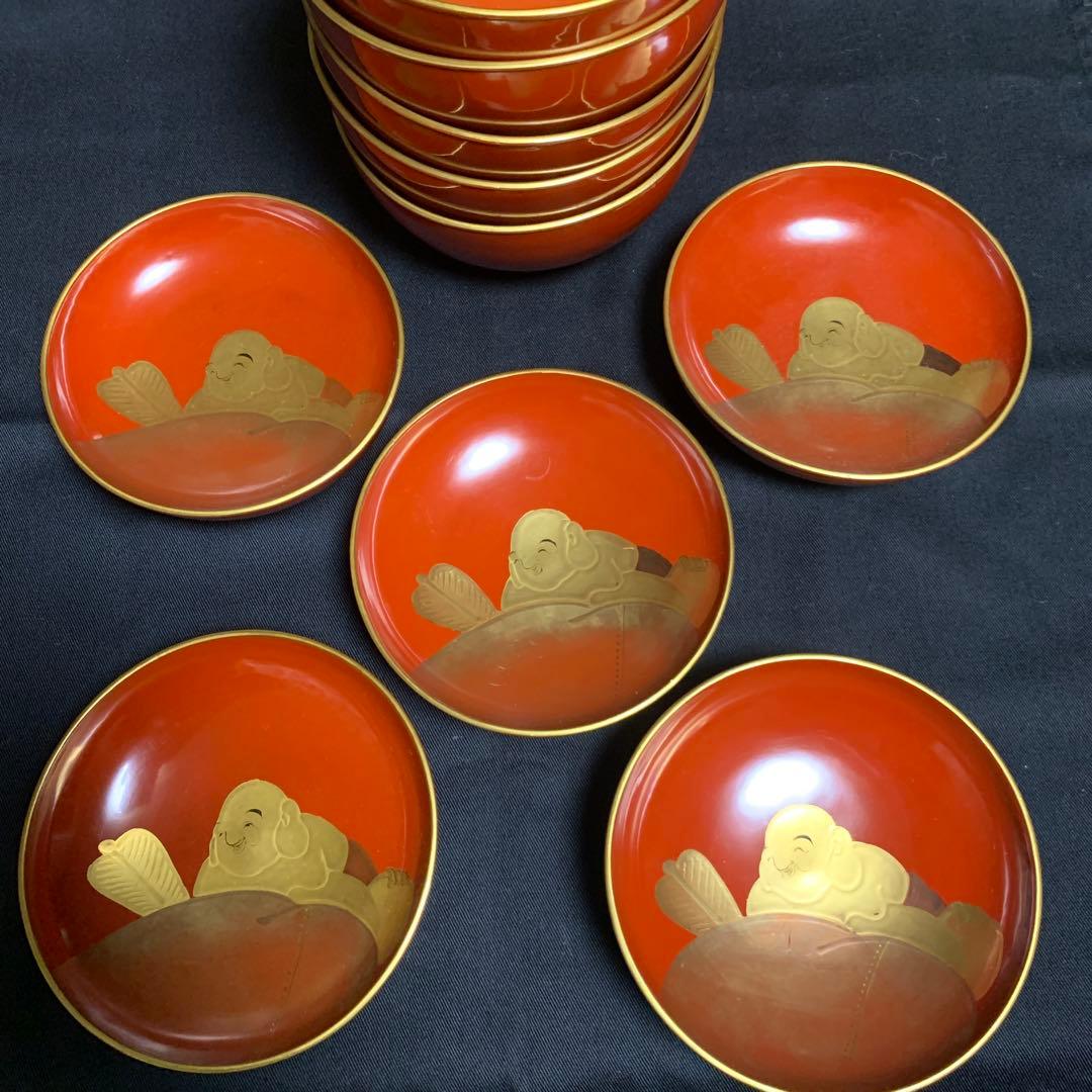 蓋向　木製手描き金彩絵　布袋様・打ち出の小槌　盛金蒔絵　向付け　煮物椀　5客