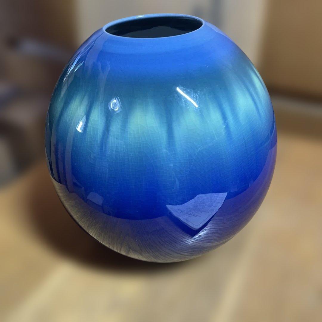 人間国宝　三代　徳田八十吉　碧明耀彩壷 共箱 金銘