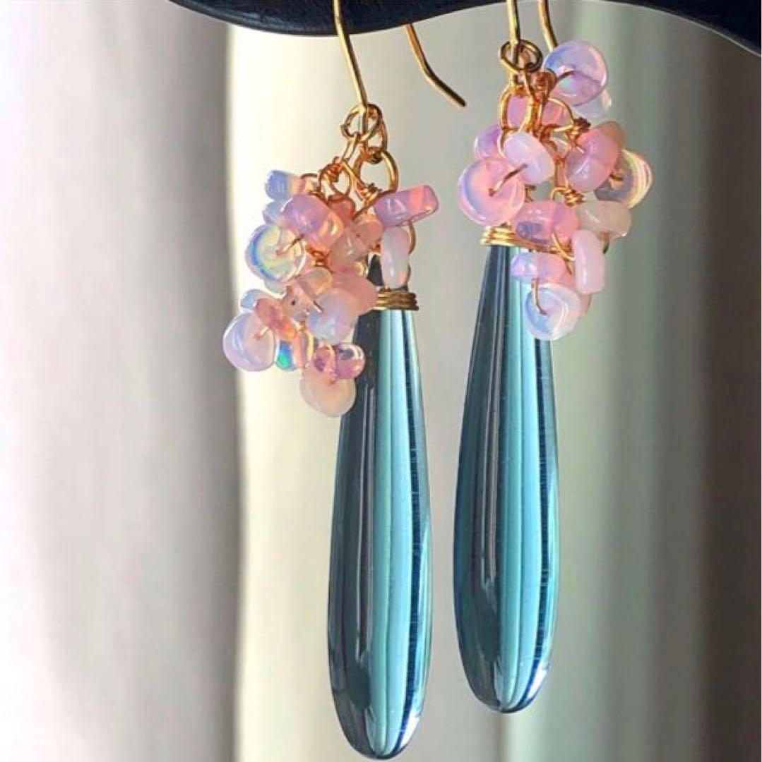 天然石♡桜プレシャスオパール×ティールブルーのピアス14kgf