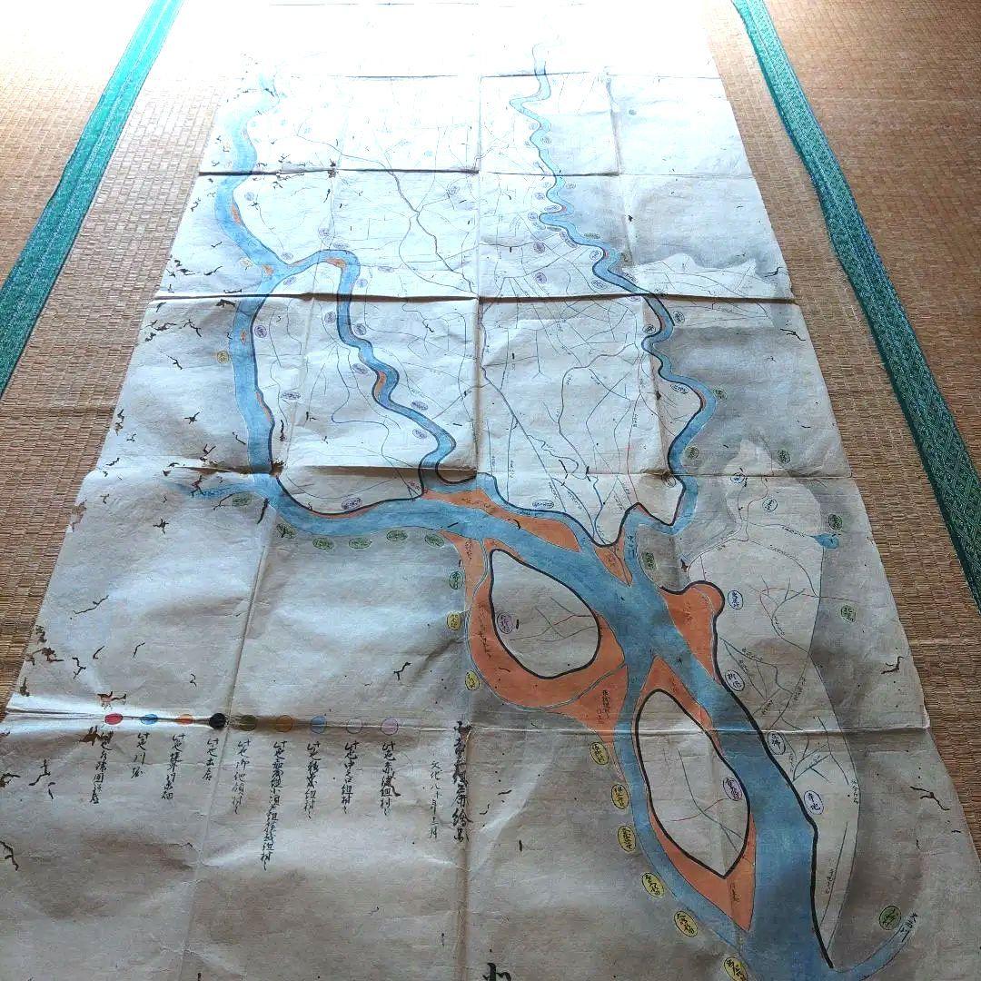 江戸時代　越後味方村白根付近　彩色古地図　和紙裏打　長さ196cm