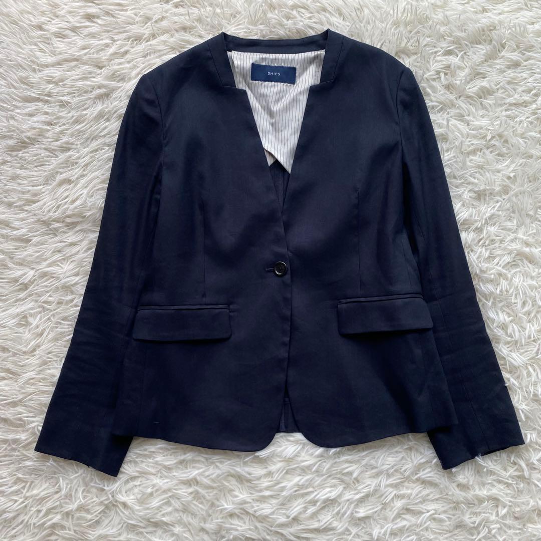 theory×SHIPS リネン混 ノーカラージャケット パンツスーツ M