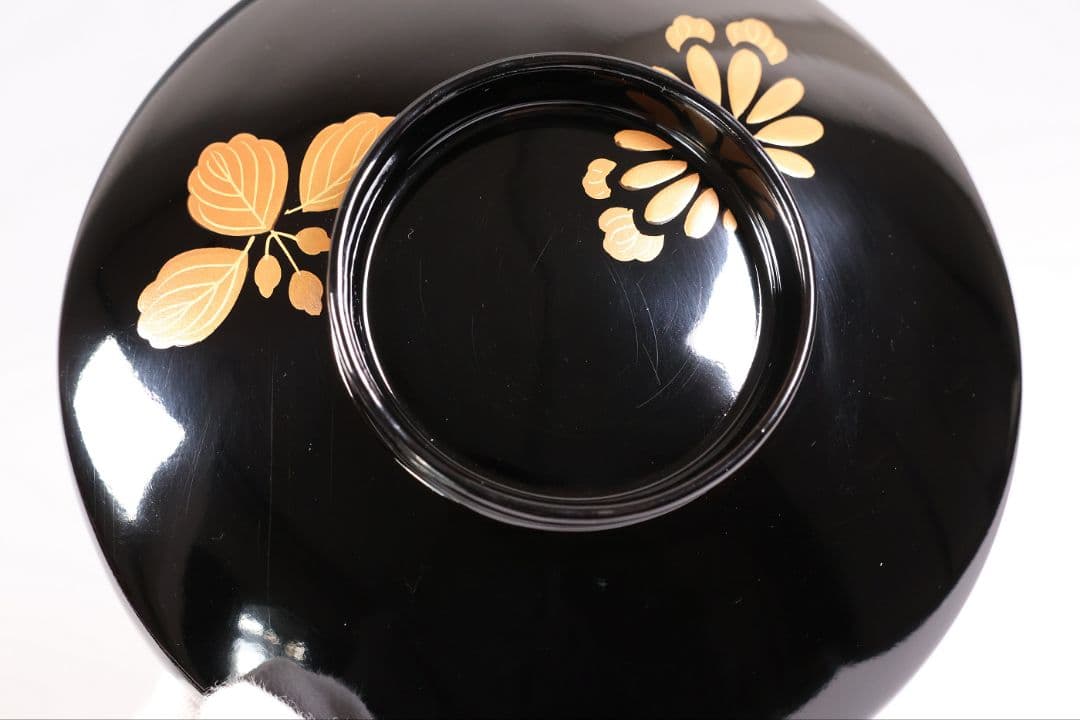 【CM403】天然木漆塗 菊桐鳳凰金蒔絵 黒塗 吸物椀 1客 昭和期 木製漆器