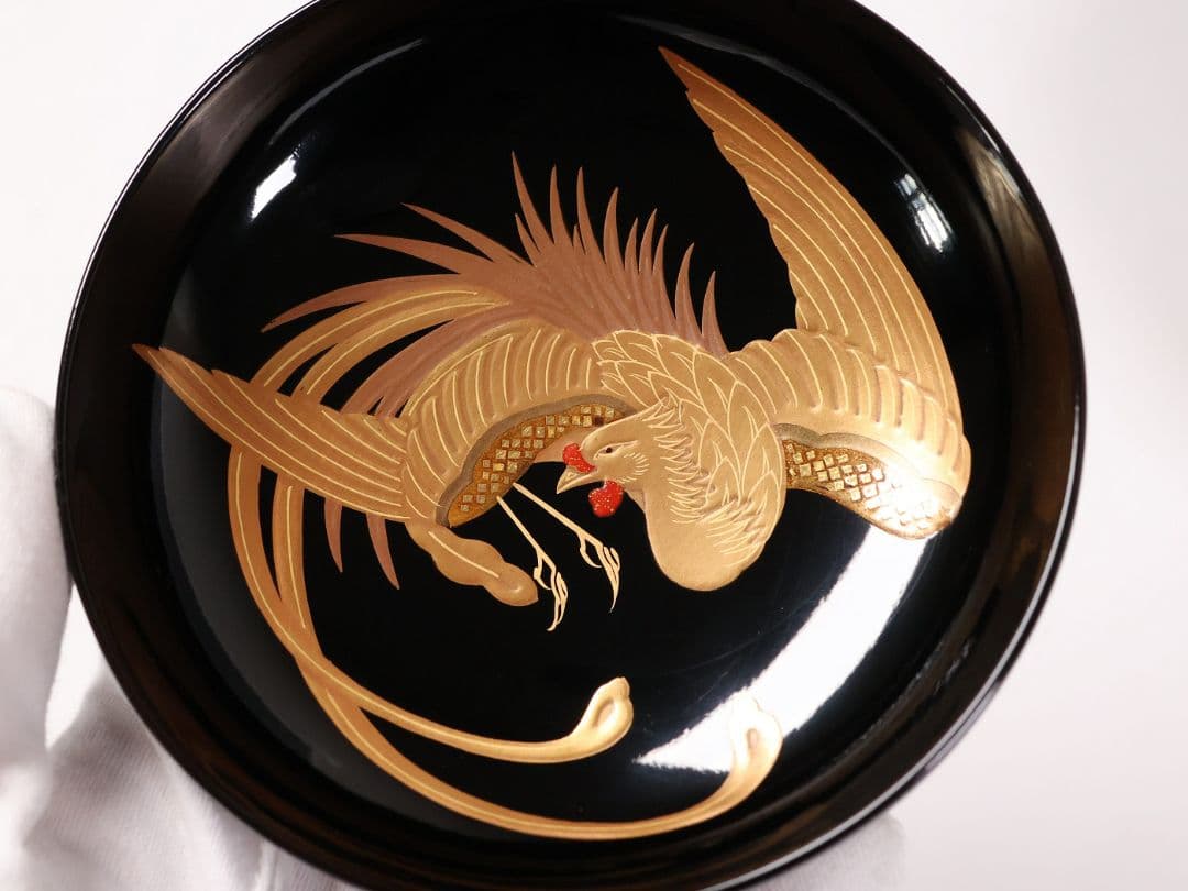 【CM403】天然木漆塗 菊桐鳳凰金蒔絵 黒塗 吸物椀 1客 昭和期 木製漆器