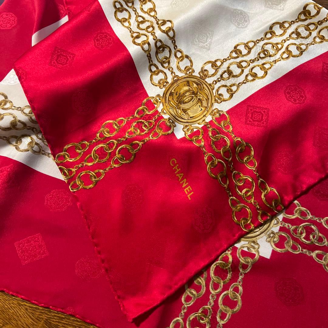 CHANEL シャネル シルク スカーフ 赤 白 金