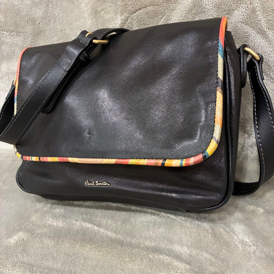 ポールスミス ショルダーバッグ クラシックマルチストライプ シボ革 レザー 黒