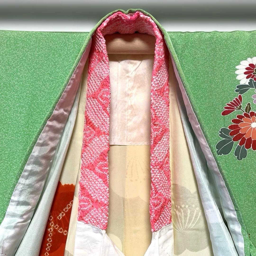 □七五三7歳　正絹女児用振り袖着物　正絹襦袢付　おしどり　緑系