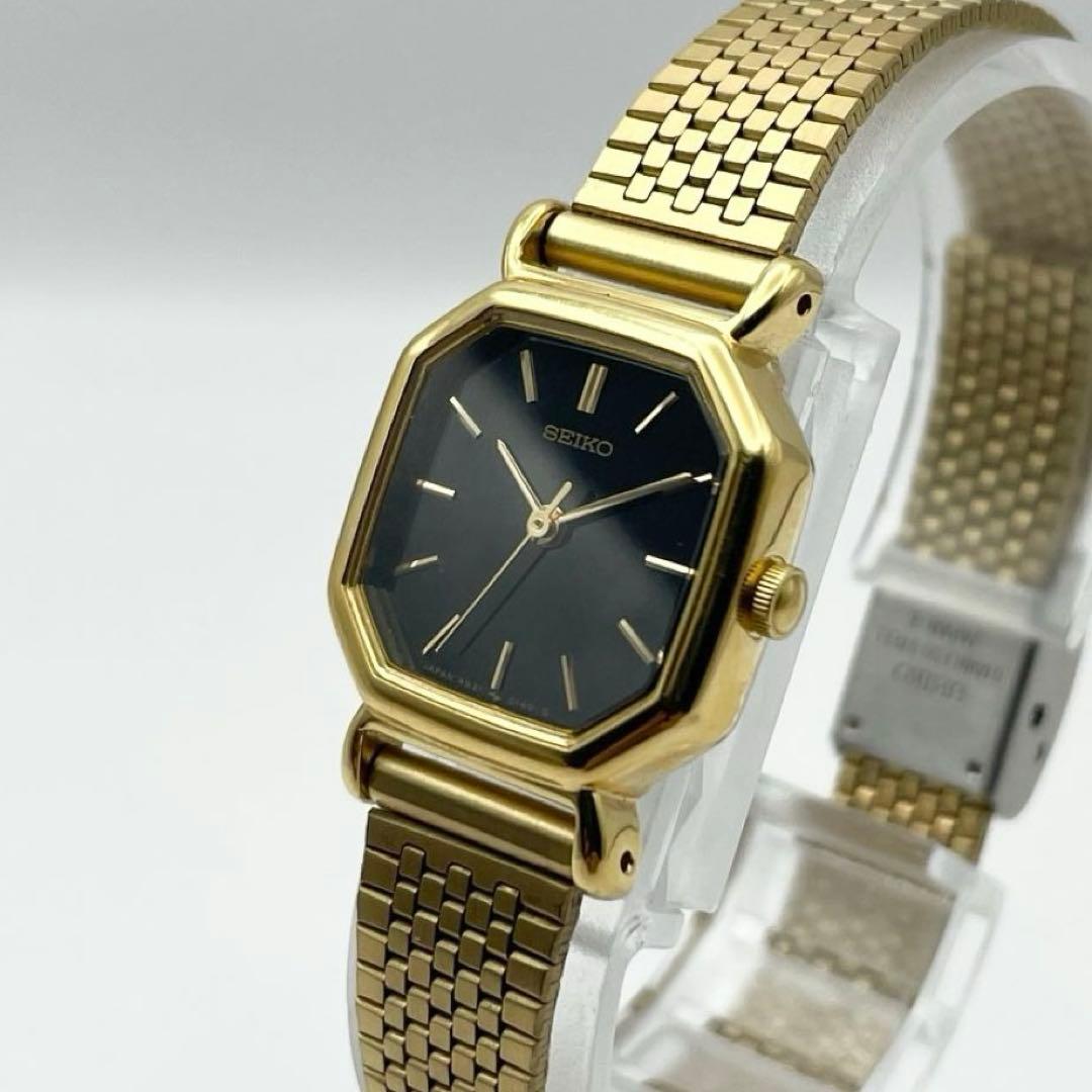 セイコー レディース腕時計 ゴールド オクタゴン ブラック文字盤 クォーツ 稼働