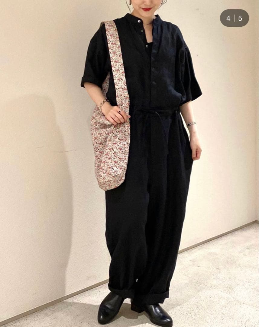 な　かぐれ　バンドカラーリネンハーフスリーブオールインワン美品　再お値下げ