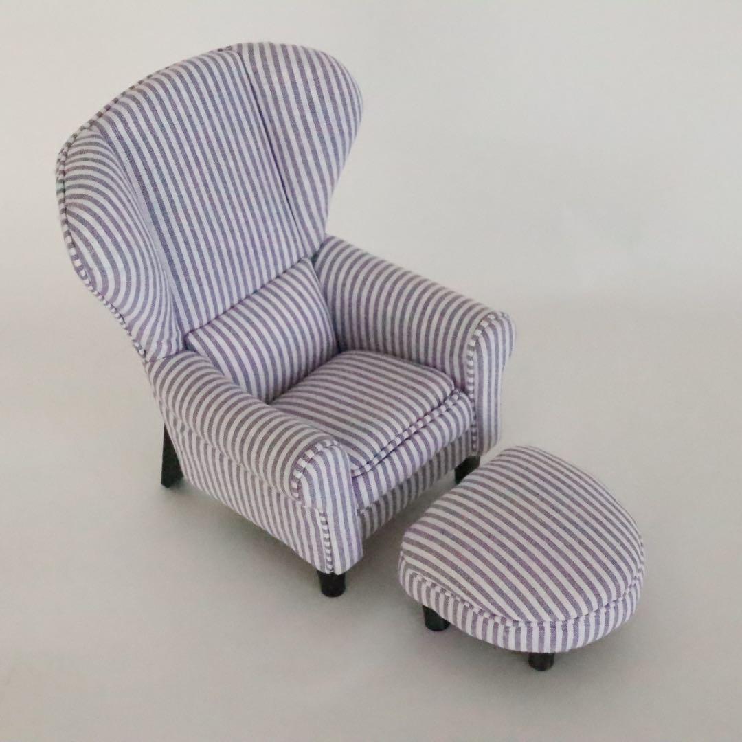 【ドールハウス】　☆honeyard☆　1/6ソファ＆オットマン(ストライブ柄)