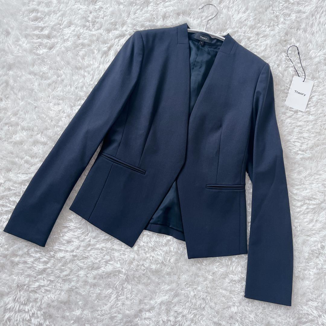 【極美品】セオリー ノーカラーパンツスーツセットアップ ネイビー S タグ付き