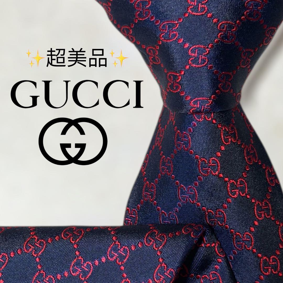 【超美品】グッチ 現行 ロゴ総柄 GG柄 ネイビー レッド メンズ ネクタイ