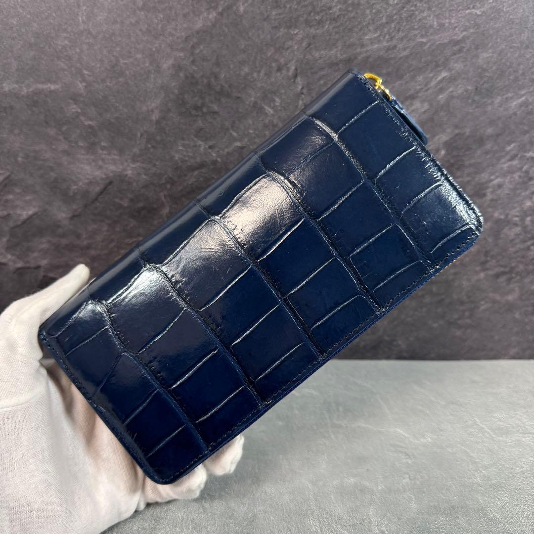 新品 クロコダイル ワニ革 長財布 ネイビー 紺色 マット仕上げ 本革