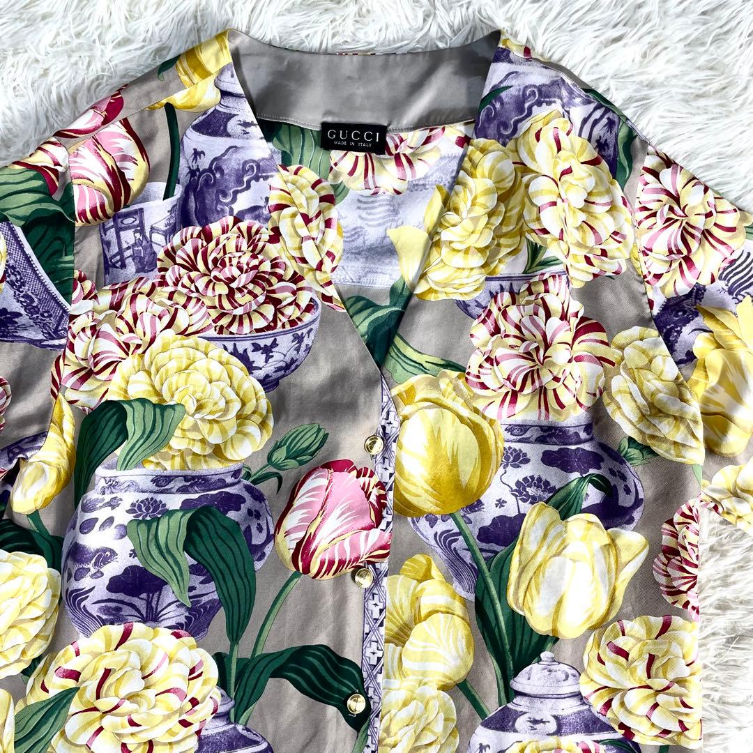 グッチ　GUCCI トムフォード期　ブラウス　花柄　金ボタン　シルク
