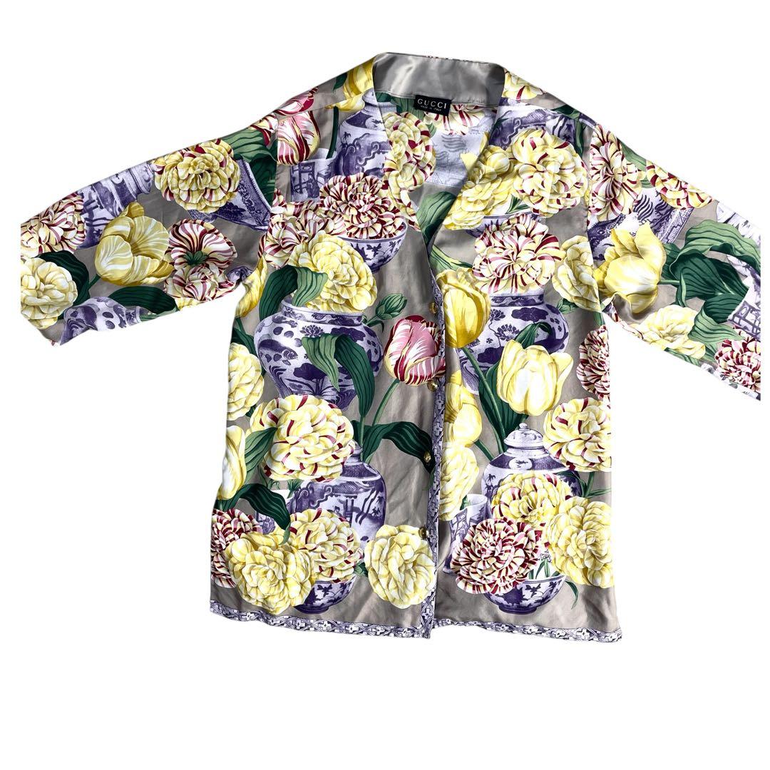 グッチ　GUCCI トムフォード期　ブラウス　花柄　金ボタン　シルク