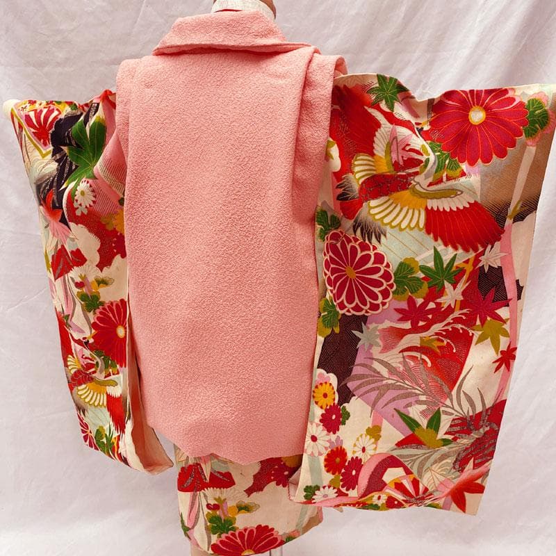 508ag77◎七五三 三歳 女の子 アンティーク着物&被布 レトロ 鶴菊楓◎