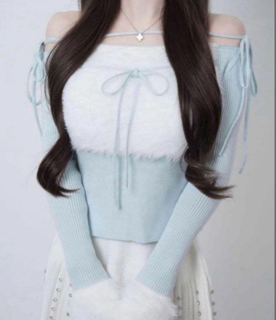 トップス lumignon Ribbon bust fluffy tops blue