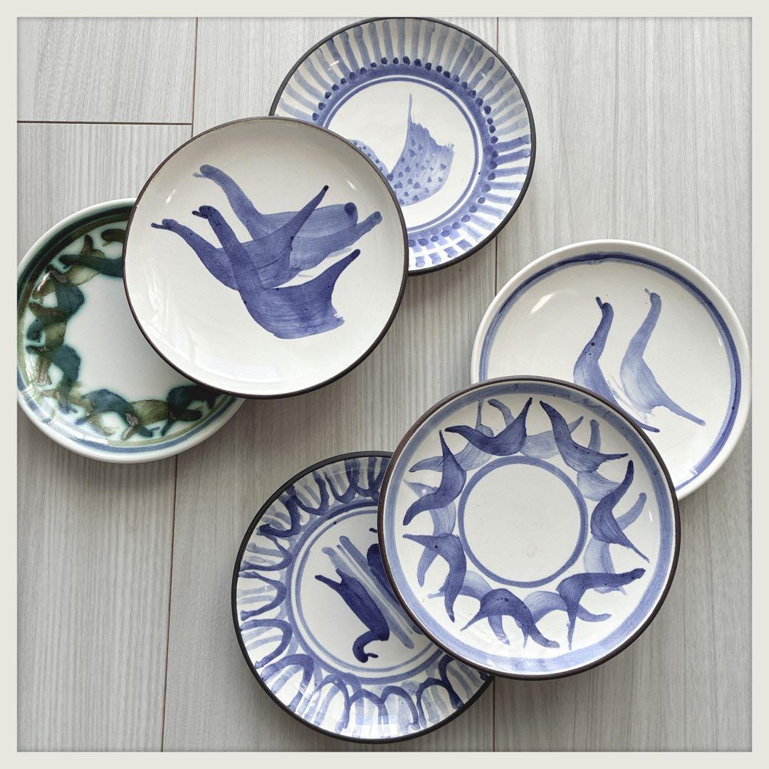 英国ヴィンテージ　RyePottery Wally Coll作　小鳥小皿x6枚組