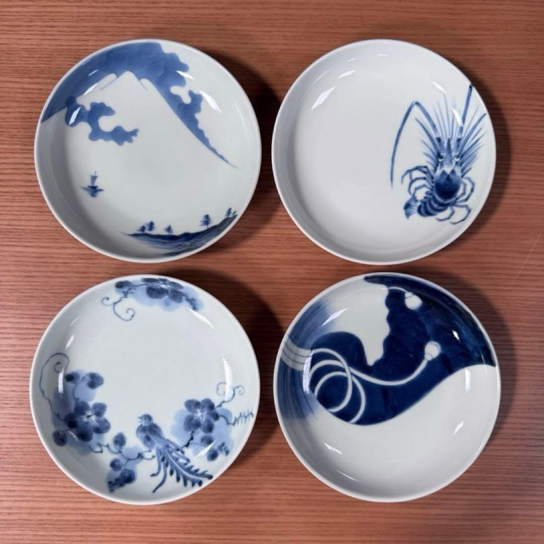有田焼 李荘窯 染付 4.5寸皿 絵柄違い4枚セット☆