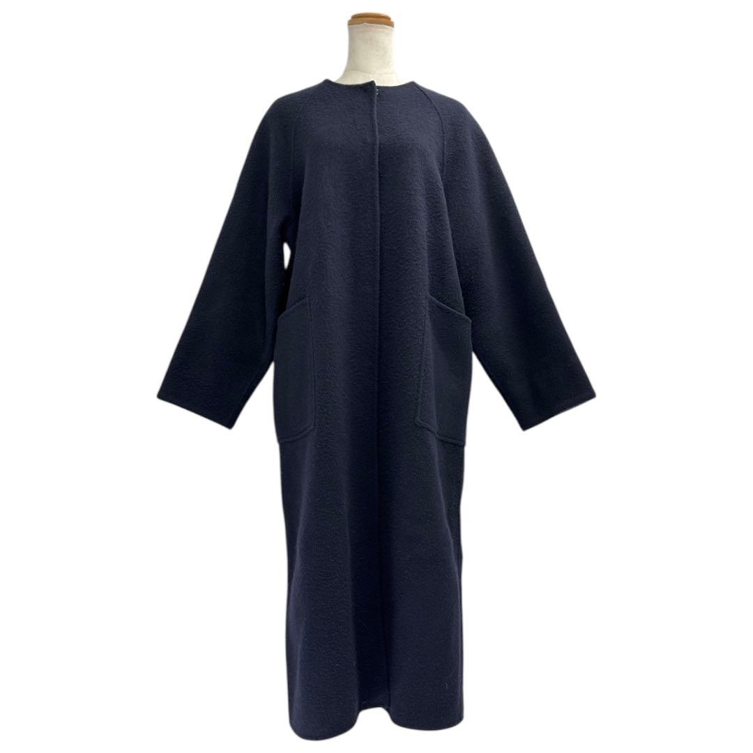 美品　anuans　ノーカラーウールロングコート　F　ネイビー　b5K002